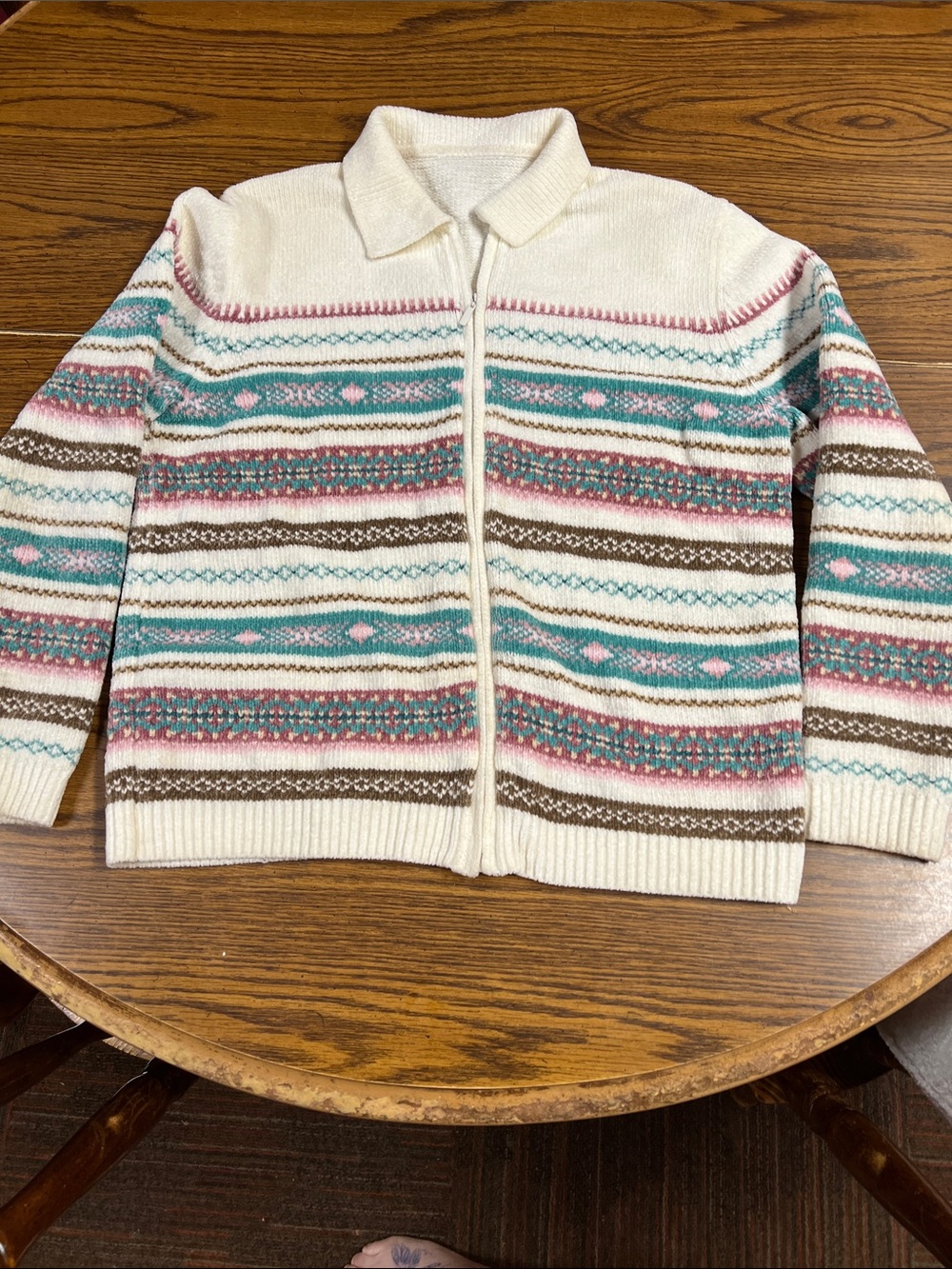 Alfred Dunner Cream Zip-Up Sweater Cardigan with Teal Pink and Brown Stripes